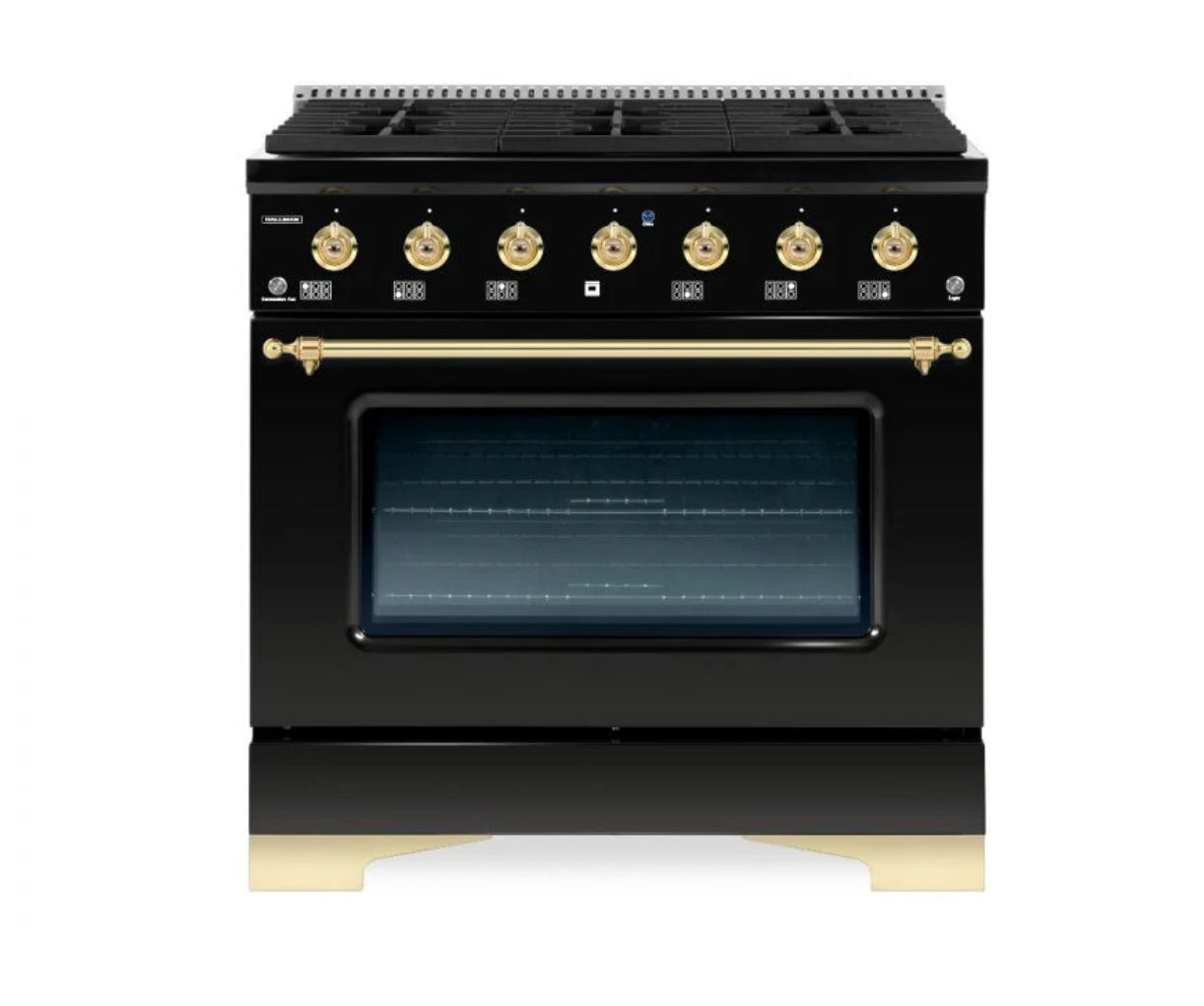 New In Box Hallman 36" Classico Dual Fuel Range in Glossy Black and Brass