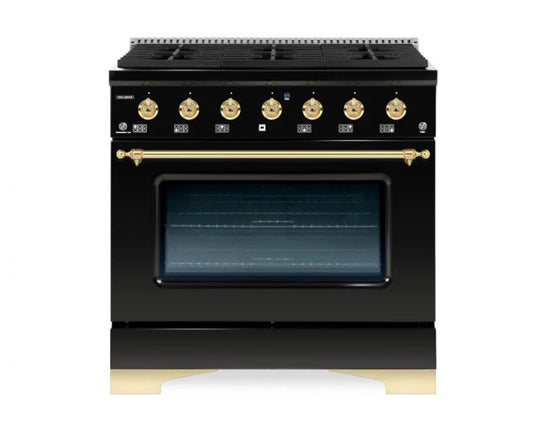 New In Box Hallman 36" Classico Dual Fuel Range in Glossy Black and Brass