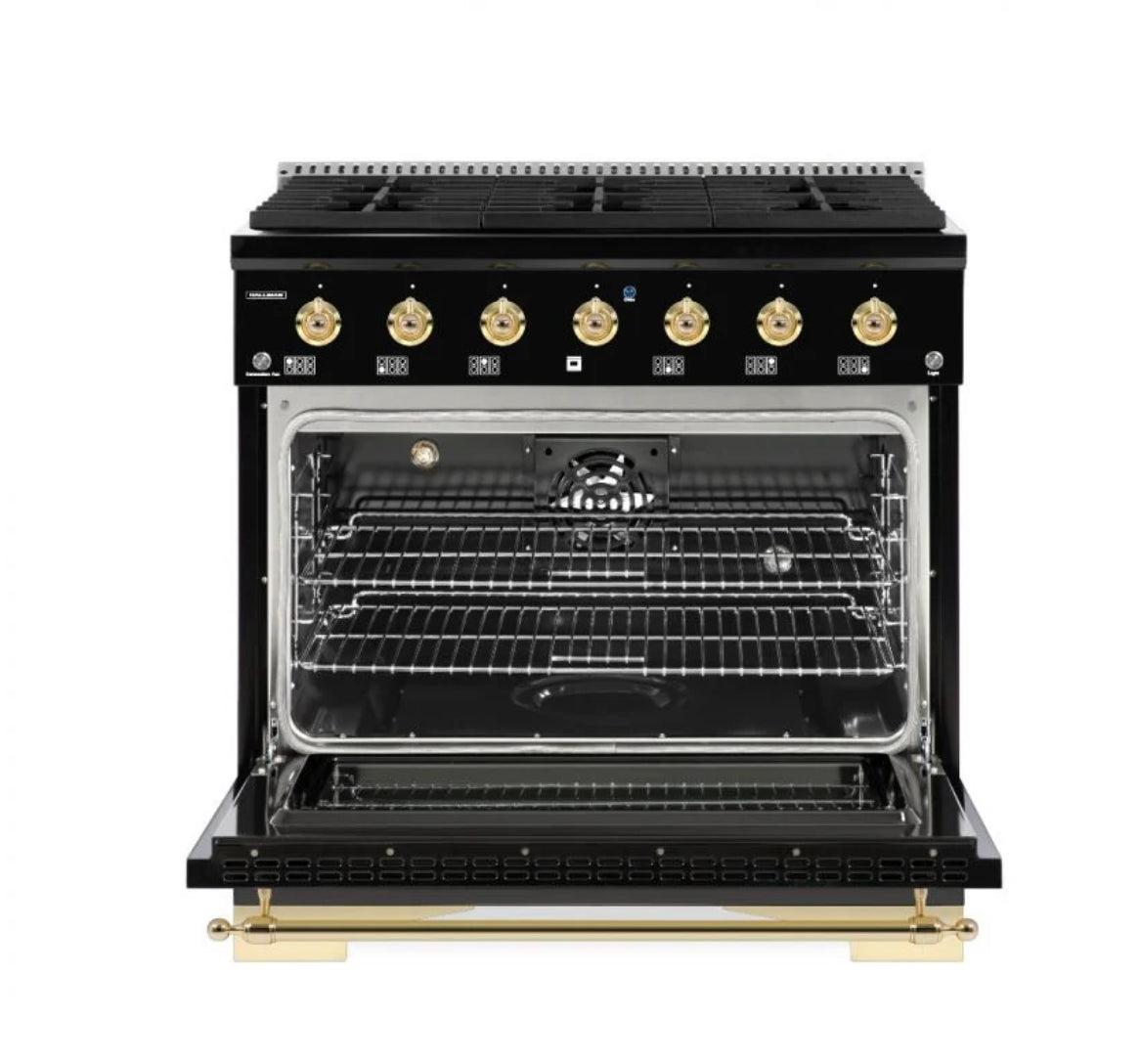 New In Box Hallman 36" Classico Dual Fuel Range in Glossy Black and Brass