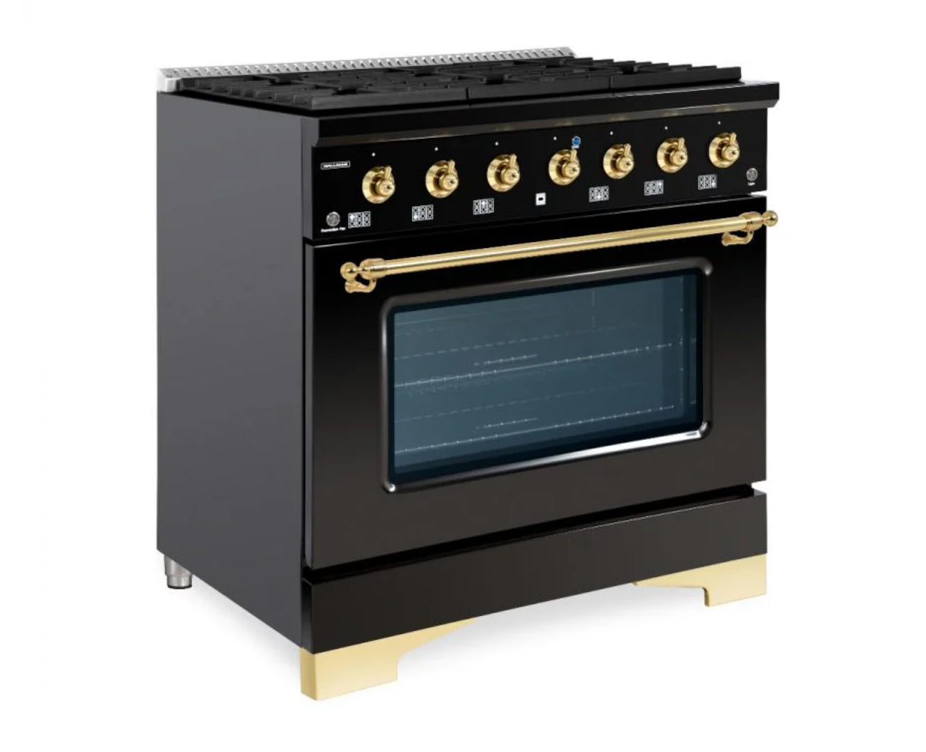 New In Box Hallman 36" Classico Dual Fuel Range in Glossy Black and Brass
