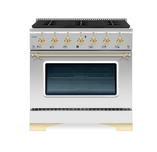 Hallman Classico 36" Dual Fuel Freestanding Range in Stainless Steel and Brass (New In Box)