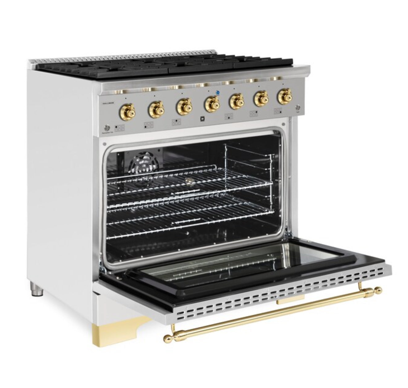 Hallman Classico 36" Dual Fuel Freestanding Range in Stainless Steel and Brass (New In Box)