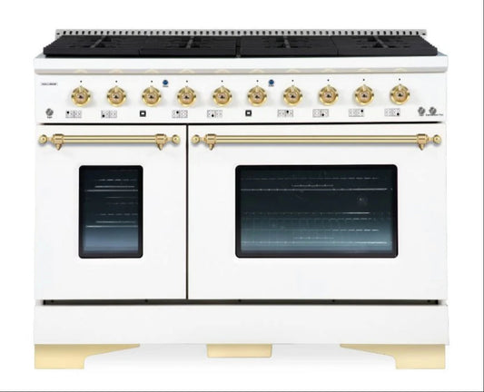 New In Box Hallman Classico 48" Dual Fuel Range in White and Brass