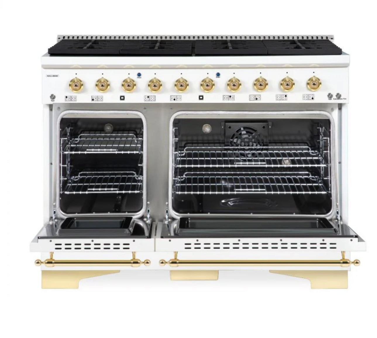 New In Box Hallman Classico 48" Dual Fuel Range in White and Brass