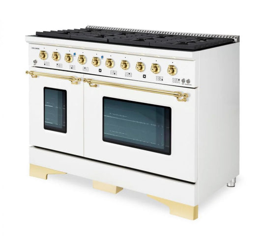 New in Box Hallman 48" Classico 8 Burner Freestanding Gas Oven Range in White and Gold