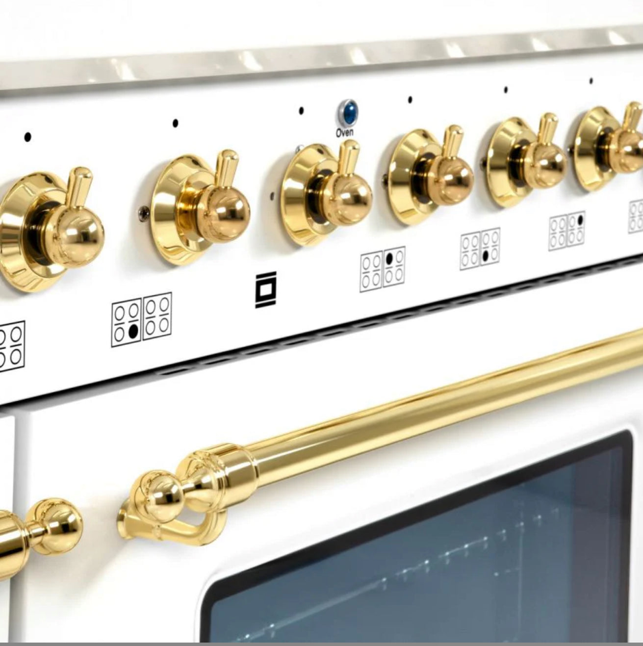 New In Box Hallman Classico 48" Dual Fuel Range in White and Brass