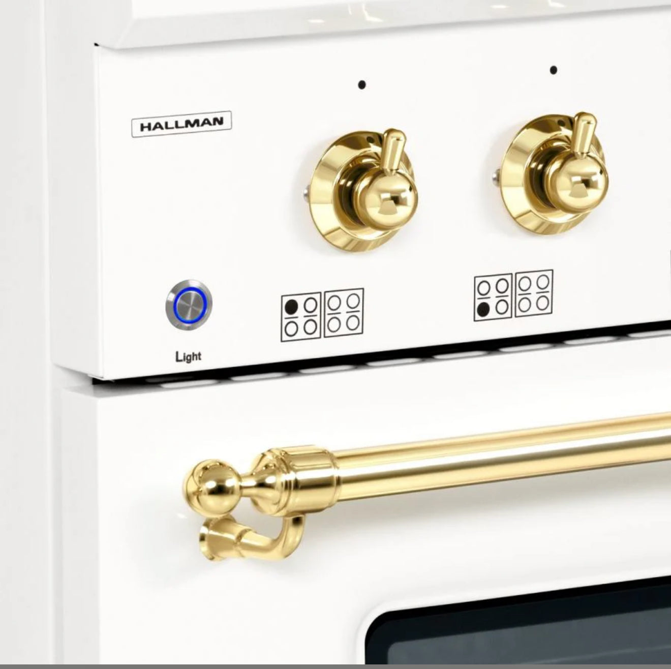 New In Box Hallman Classico 48" Dual Fuel Range in White and Brass