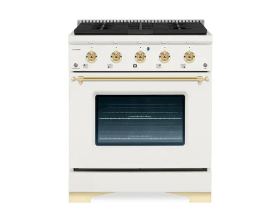 New in Box Hallman Classico 30" 4-Burner Dual Fuel Range in Antique White/Brass