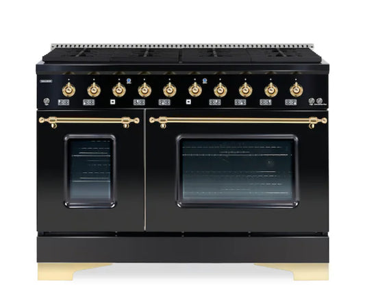 New In Box Hallman Classico 48" Dual Fuel Range in Black and Brass, comes with Arched door kit and griddle/grill accessory